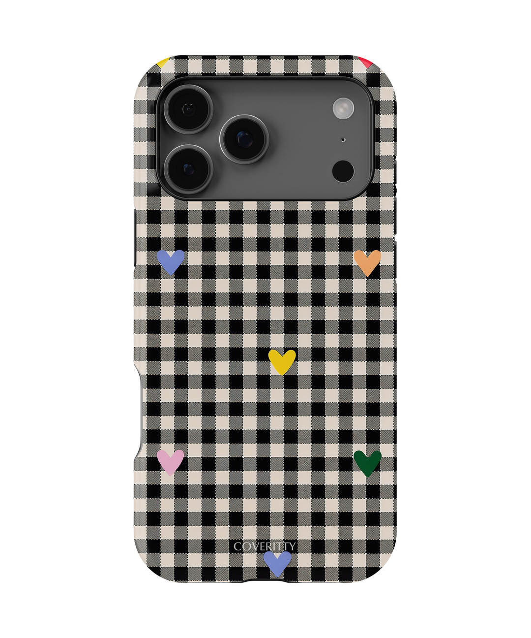 Gingham Hearts phone case with black-and-white checkered pattern and multicolor hearts, slim protective cover for smartphones