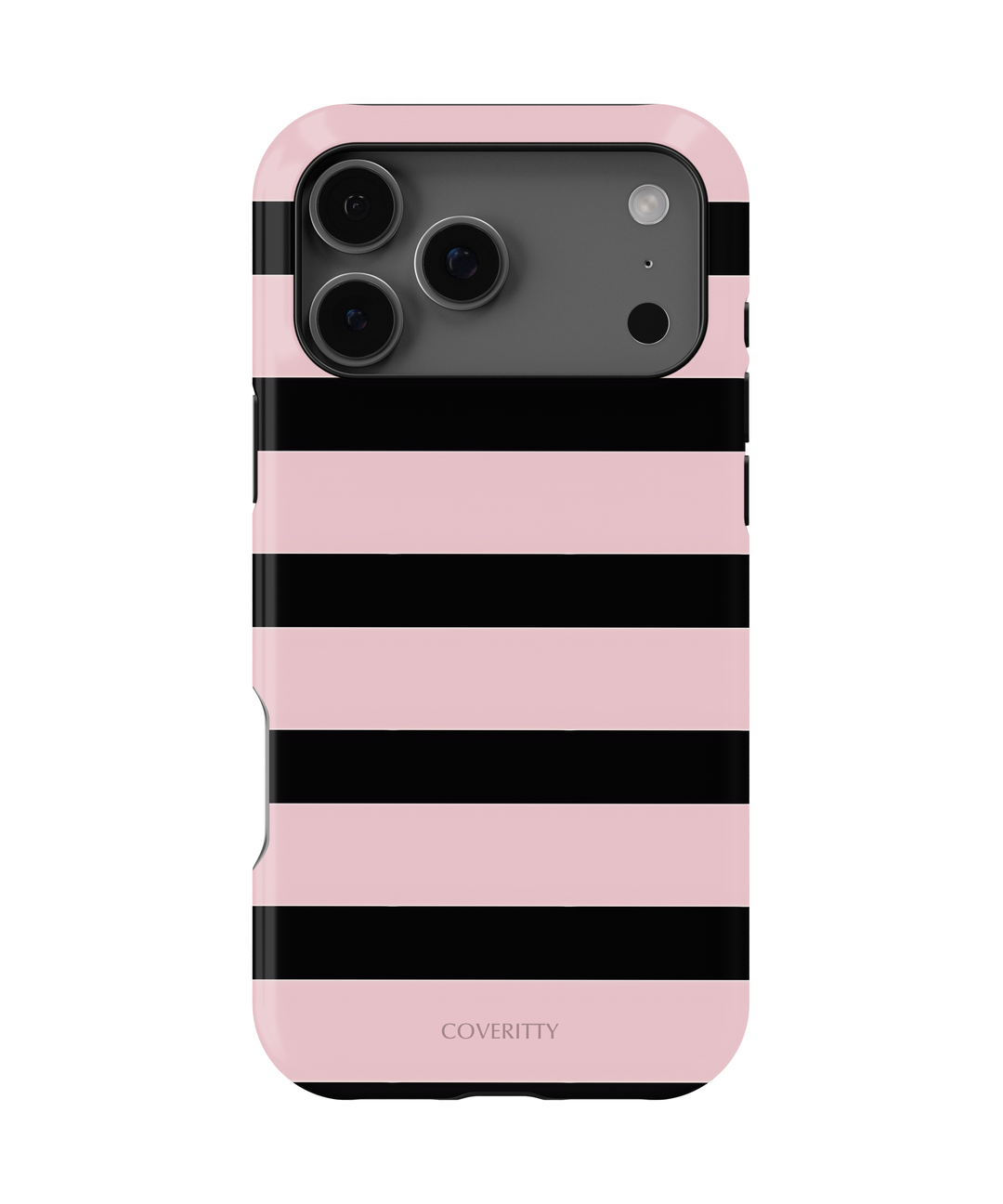 Phone case with pink and black horizontal stripes on a white background