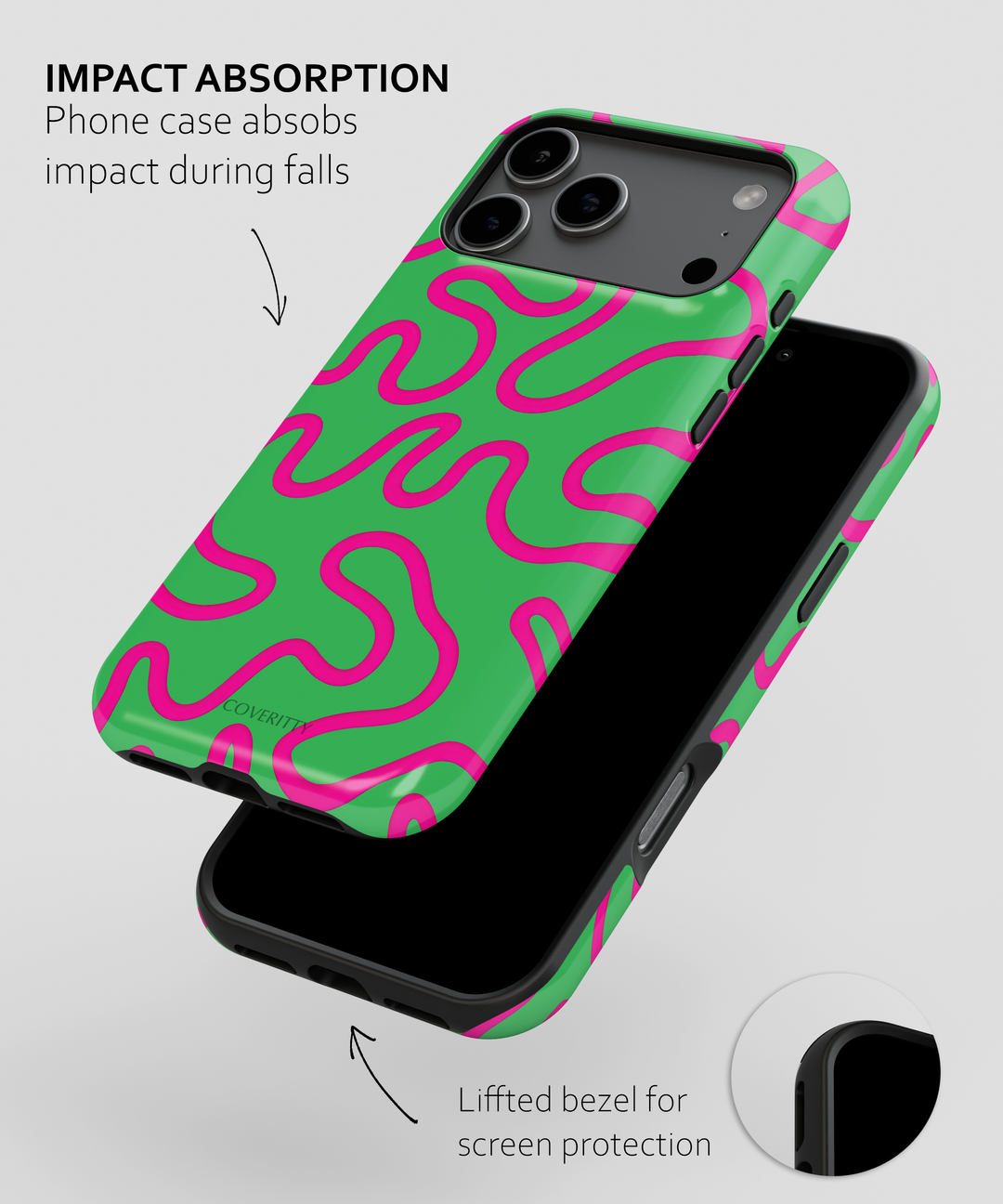 Phone case with green and pink pattern on a white background