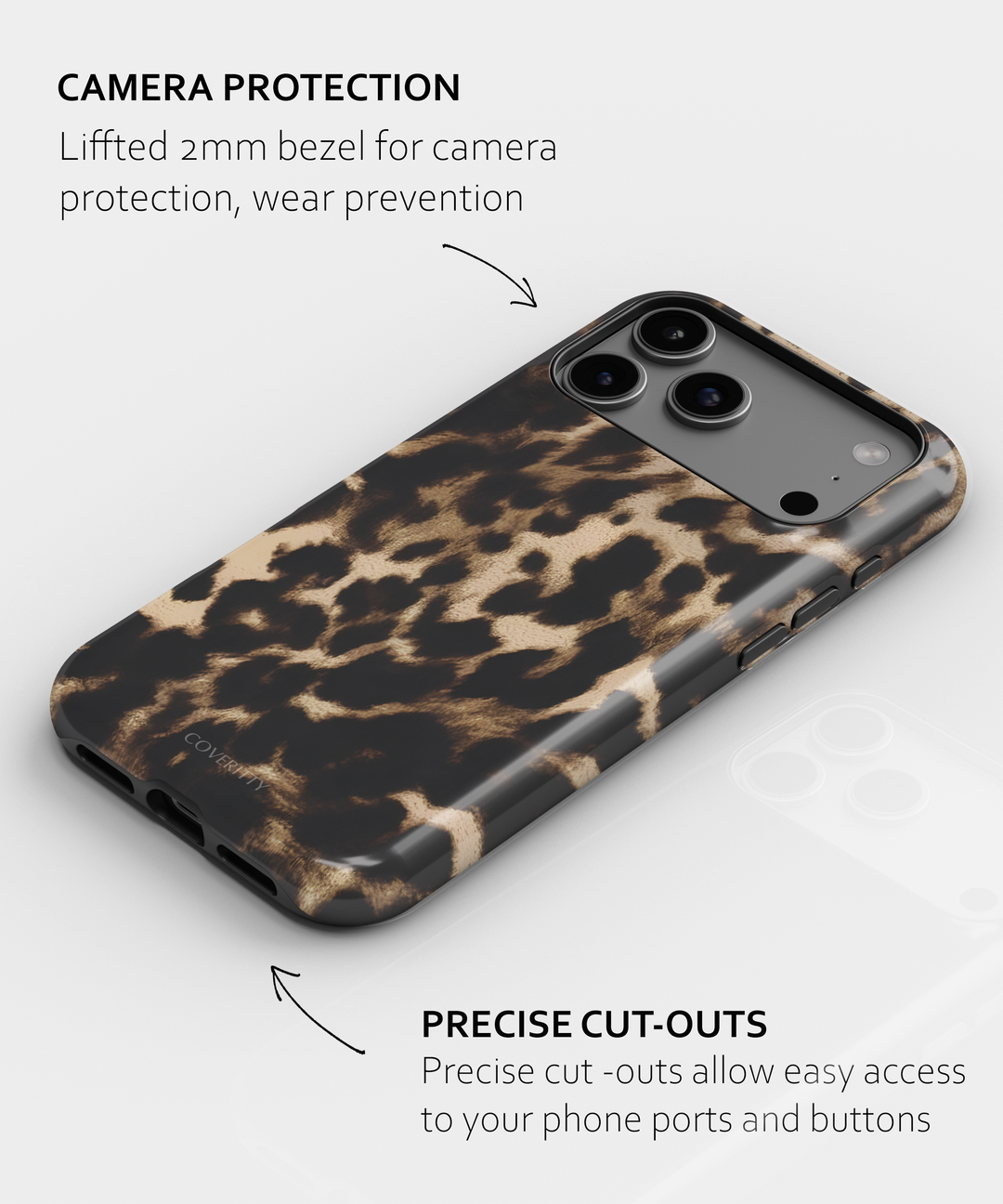 Leopard print phone case with camera protection and cut-out features on a white background