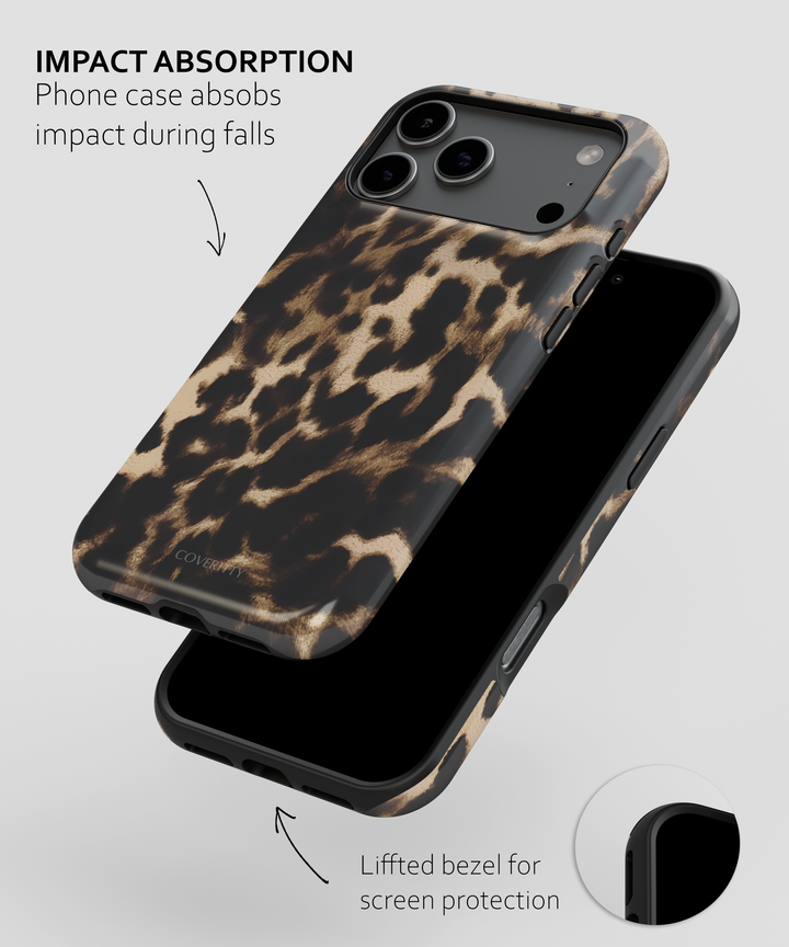 Leopard print phone case with text on impact absorption and bezel lifting.