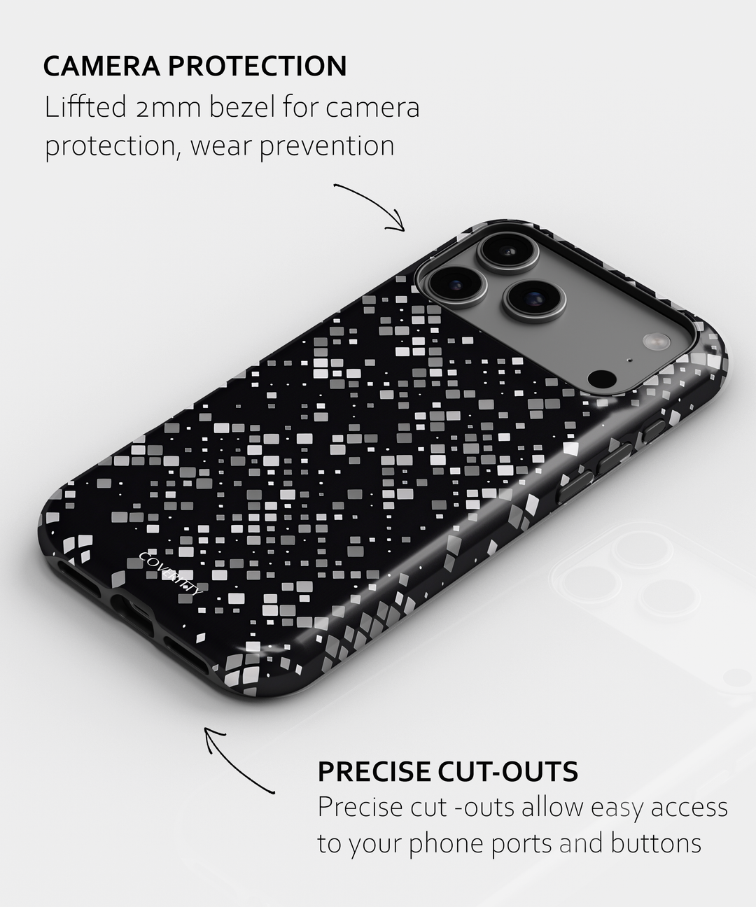 Phone case with mosaic pattern and text about camera protection and cut-outs on a white background