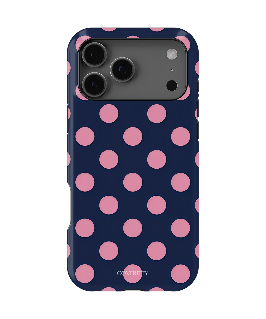 Phone case with pink polka dots on a navy background