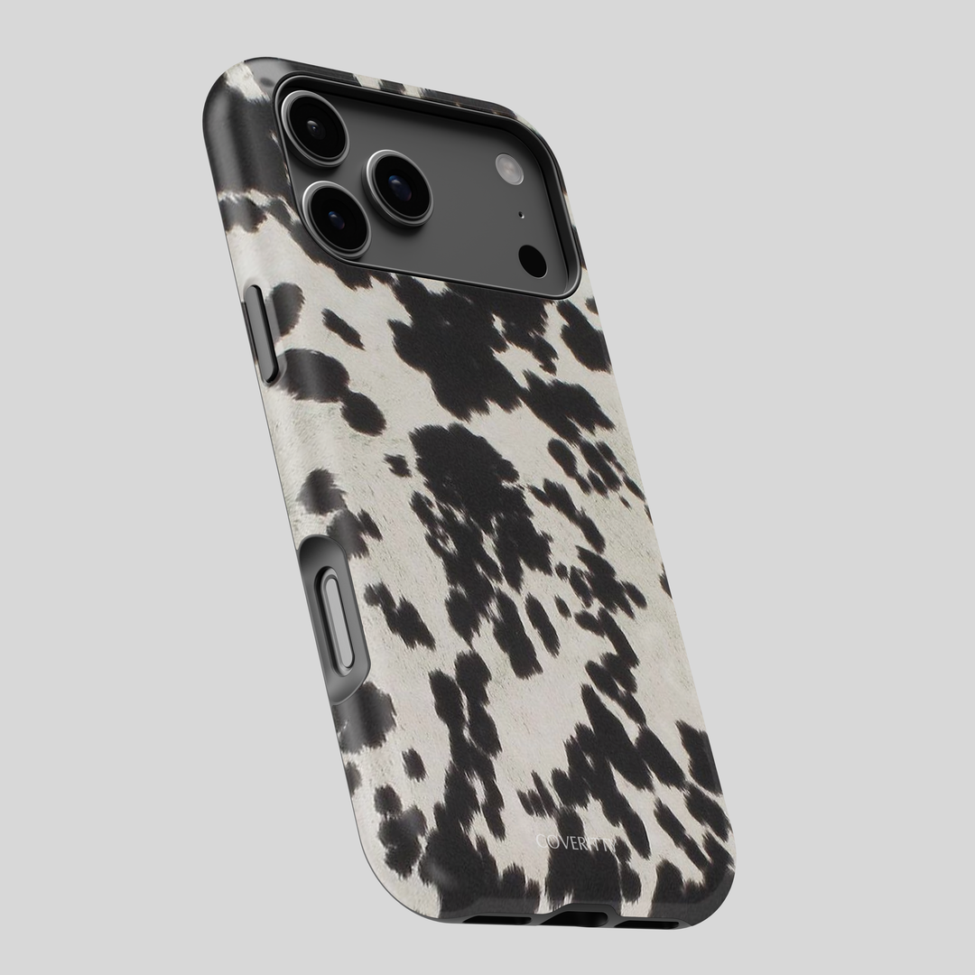 Phone case with black and white abstract pattern on a gray background