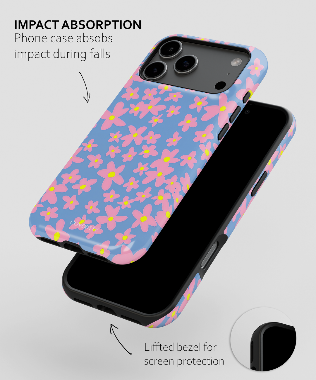 Phone case with pink floral pattern on a blue background, showing impact absorption and screen protection features.
