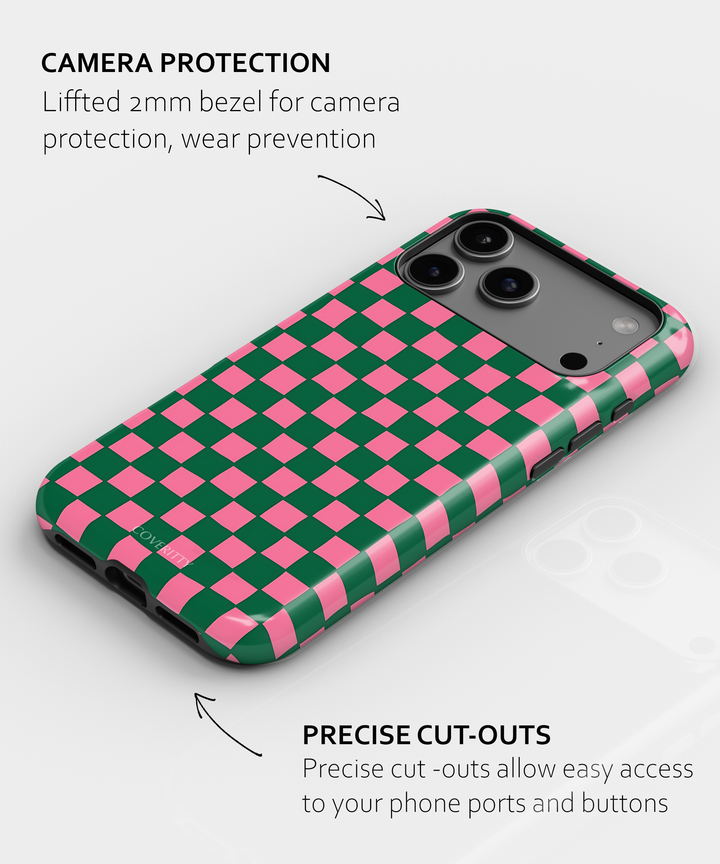 Phone case with green and pink checkered pattern on a white background
