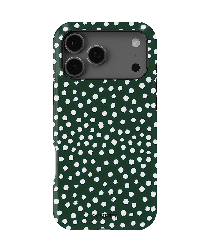 Phone case with white polka dots on a green background
