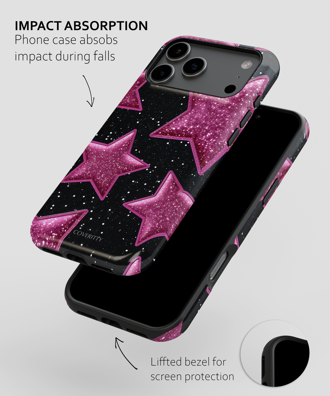 Phone case with pink star pattern on a black background, showing impact absorption feature.