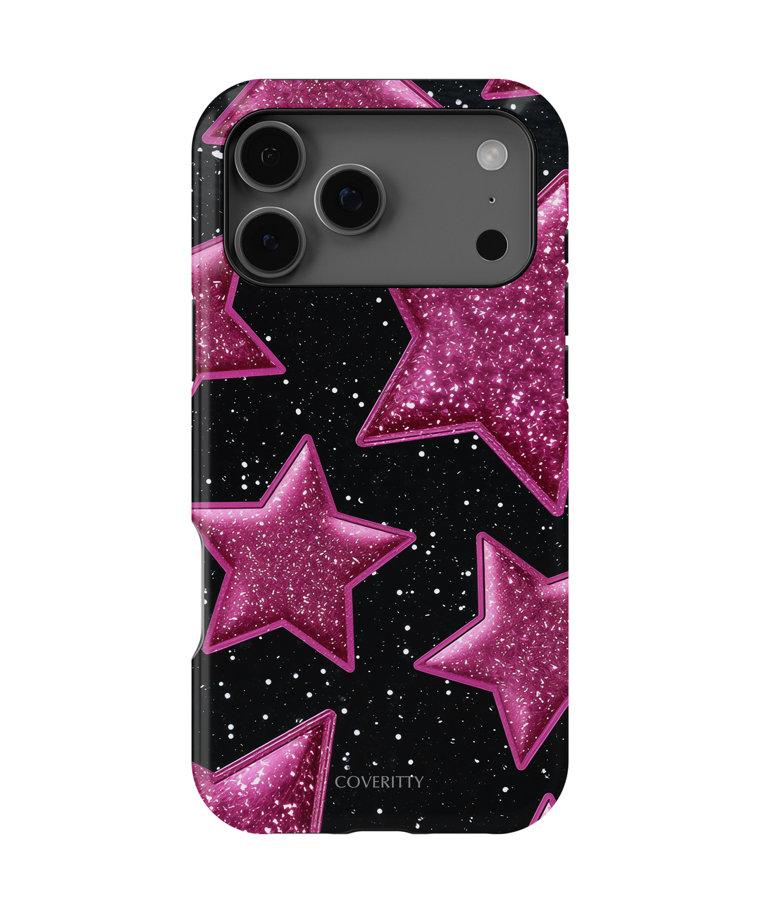 Phone case with pink stars on a black background, featuring the brand 'Coverity'.