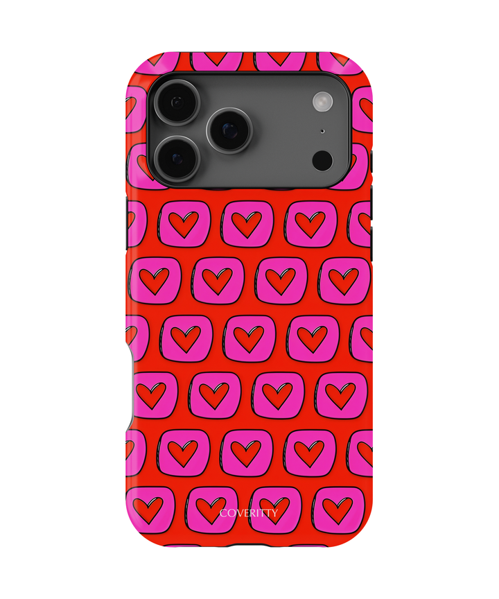 Love Matrix phone case with red and pink heart pattern, slim protective cover for iPhone and Android.