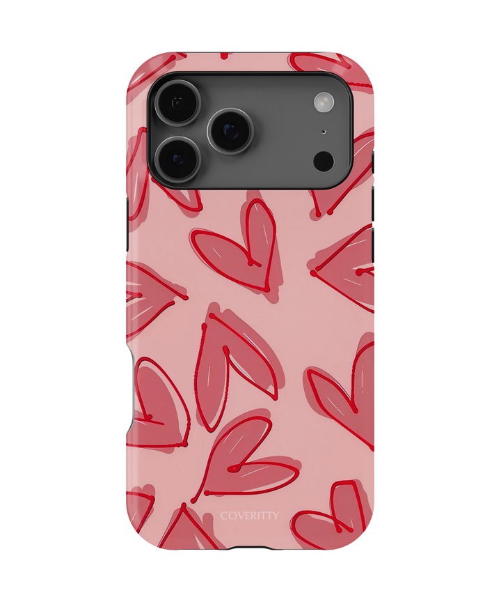 Phone case with red abstract pattern on a pink background