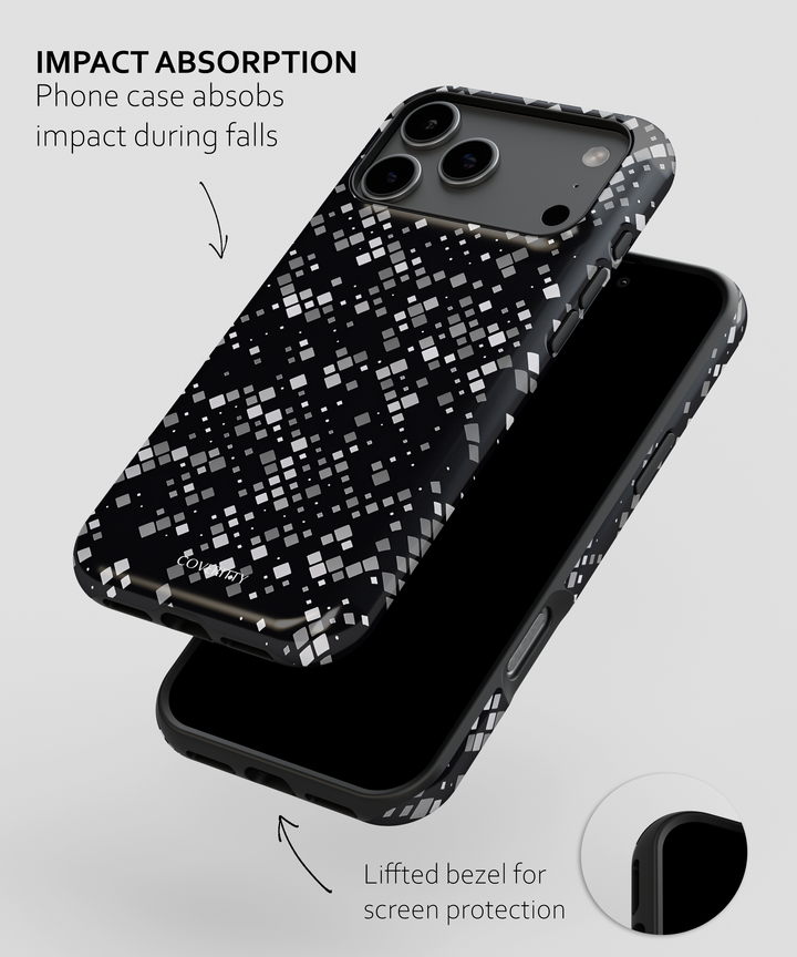 Phone case with impact absorption feature and lifted bezel for screen protection on a white background