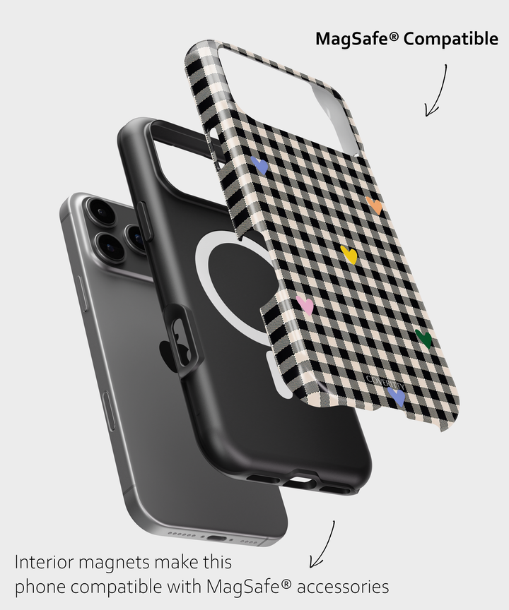 Stylish Gingham Hearts smartphone case, colorful hearts on checkered pattern, scratch-resistant and slim