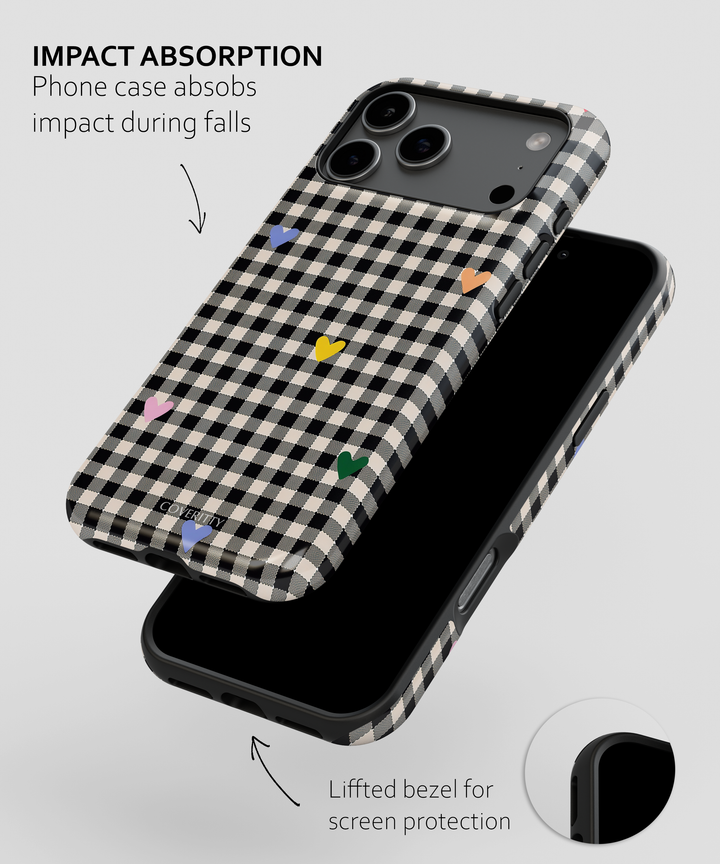Chic gingham phone case with vibrant heart design, durable protective case for iPhone and Android