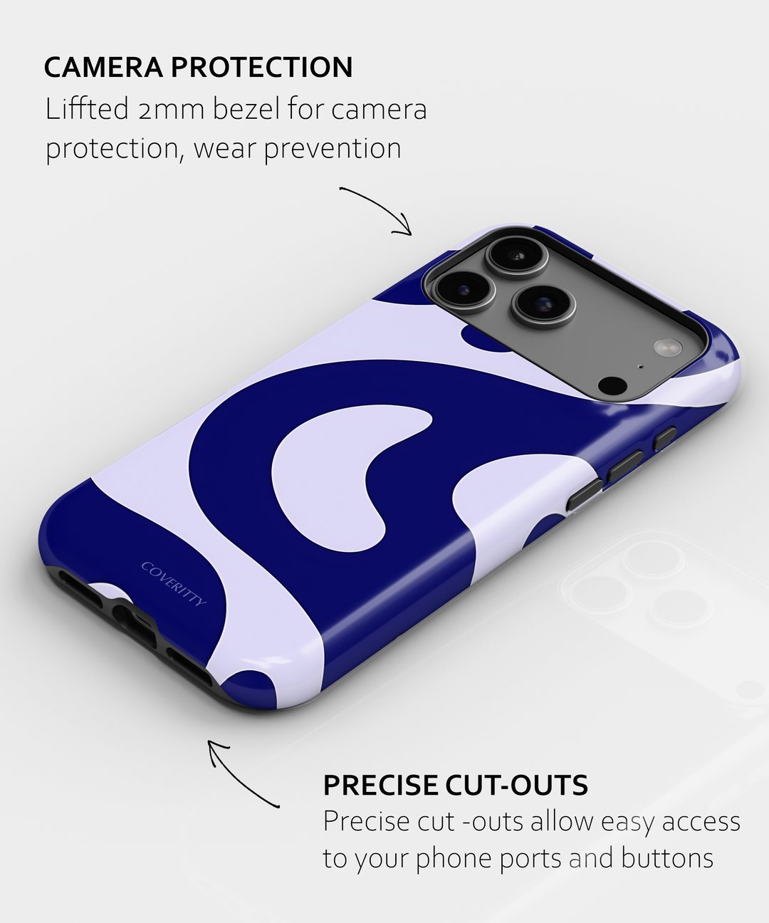 Phone case with blue and white design on a light gray background
