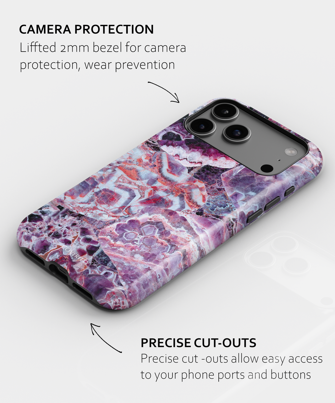 Phone case with purple and pink marbled design on a white background