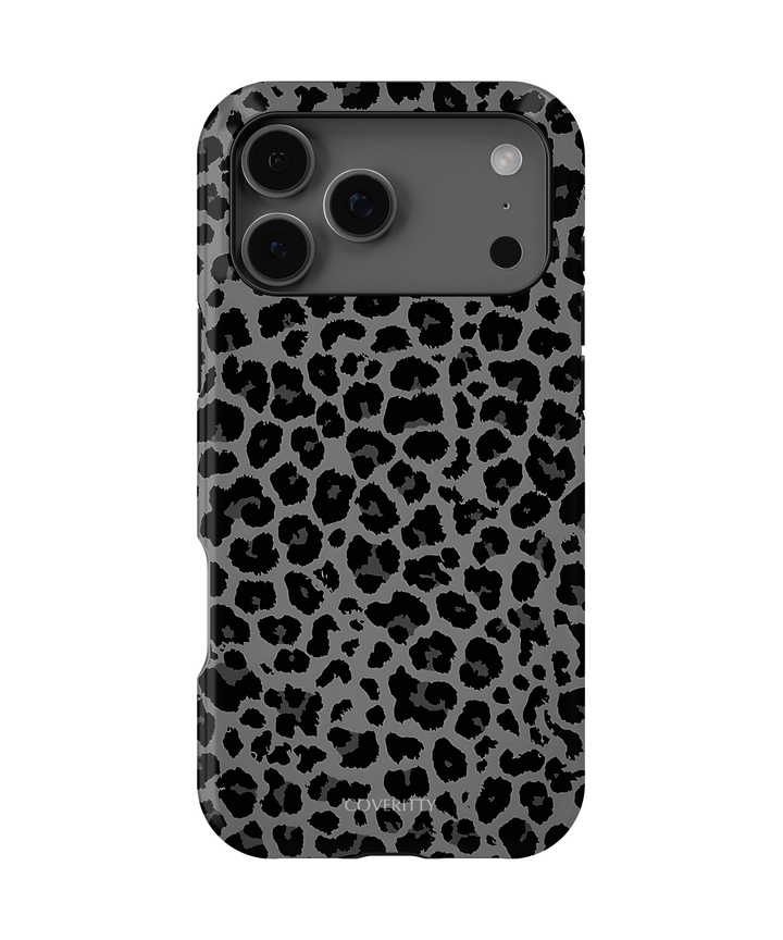 Phone case with black leopard print pattern on a gray background