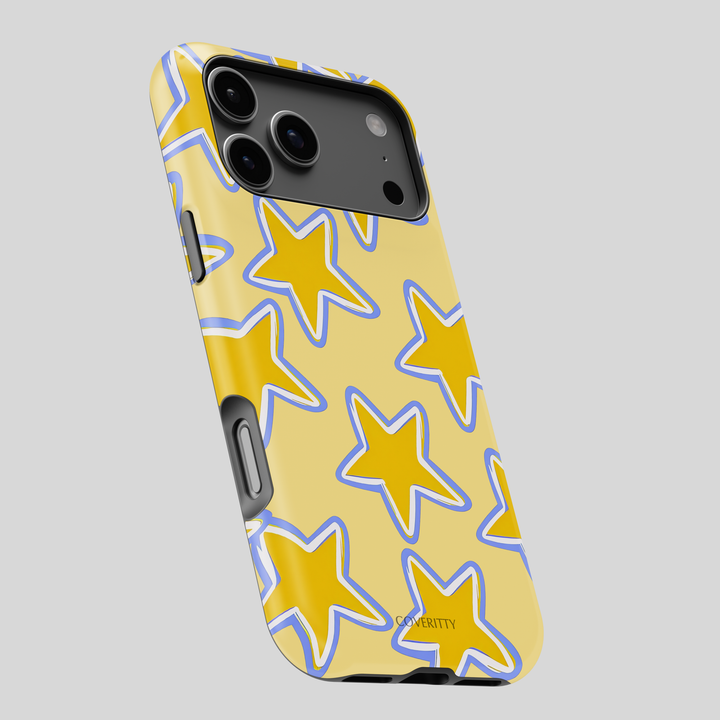 Phone case with yellow star pattern on a gray background