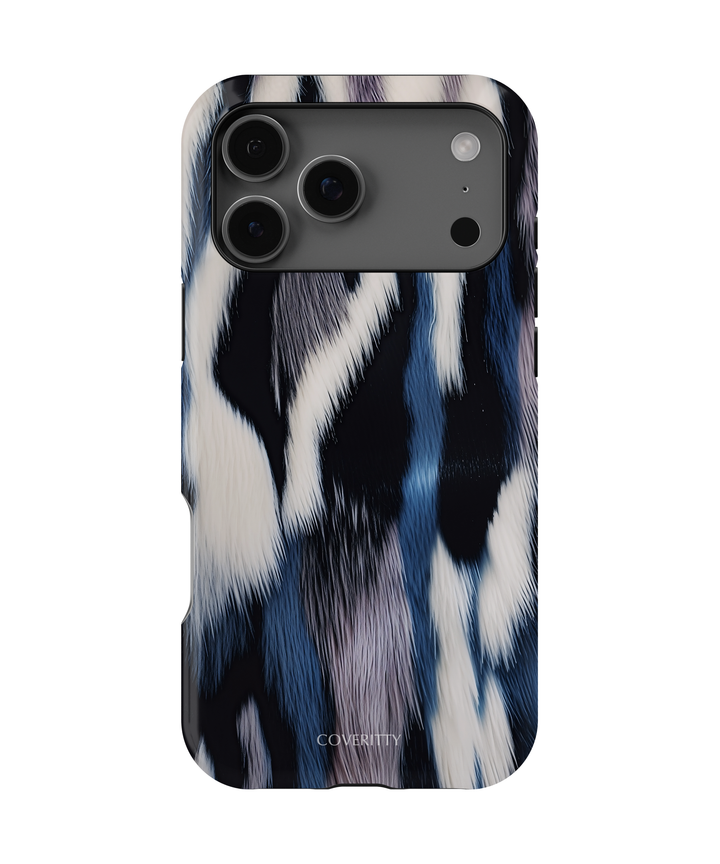 Phone case with abstract black, white, and blue design on a white background